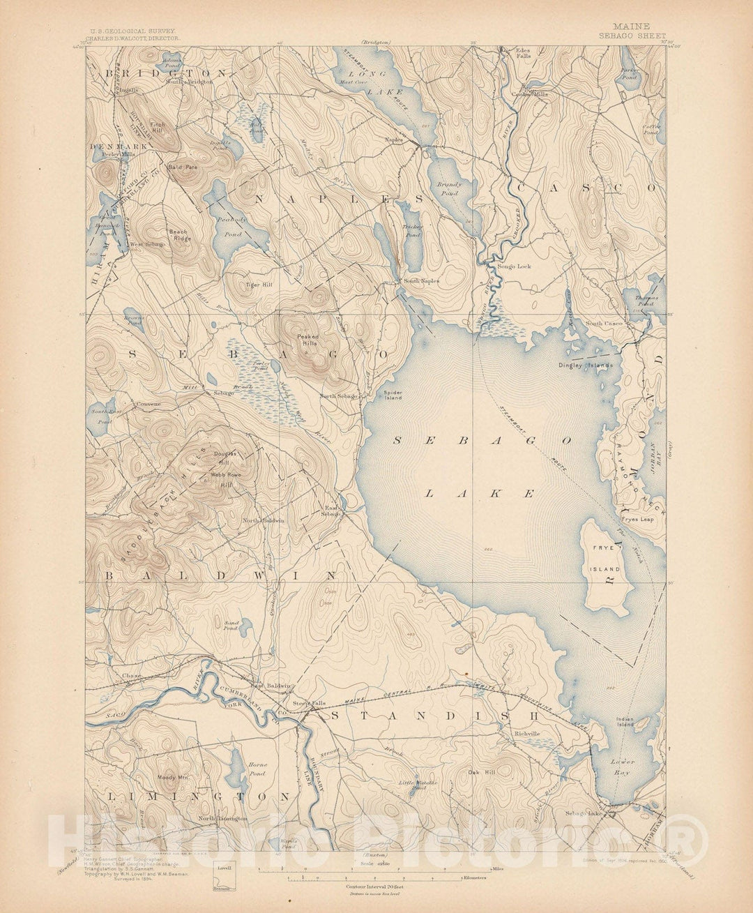 Historic Map : Atlas of Maine 1905, Baldwin & Naples & Sebago 1905 Topographic Map , Vintage Wall Art
