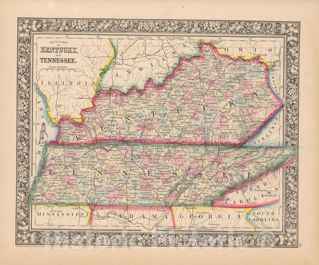 Historic Map : Kentucky & Tennessee 1864 , New General (World) Atlas , Vintage Wall Art