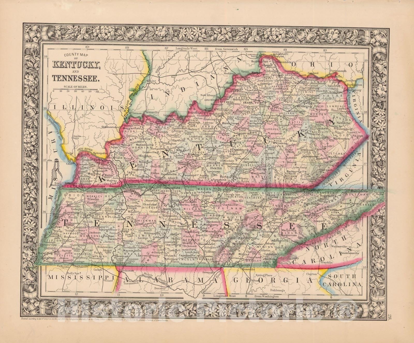 Historic Map : Kentucky & Tennessee 1864 , New General (World) Atlas , Vintage Wall Art