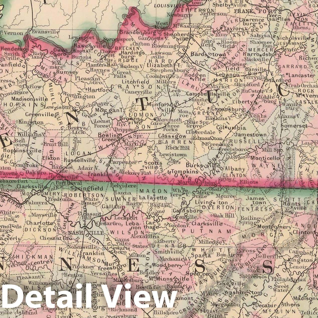 Historic Map : Kentucky & Tennessee 1864 , New General (World) Atlas , Vintage Wall Art