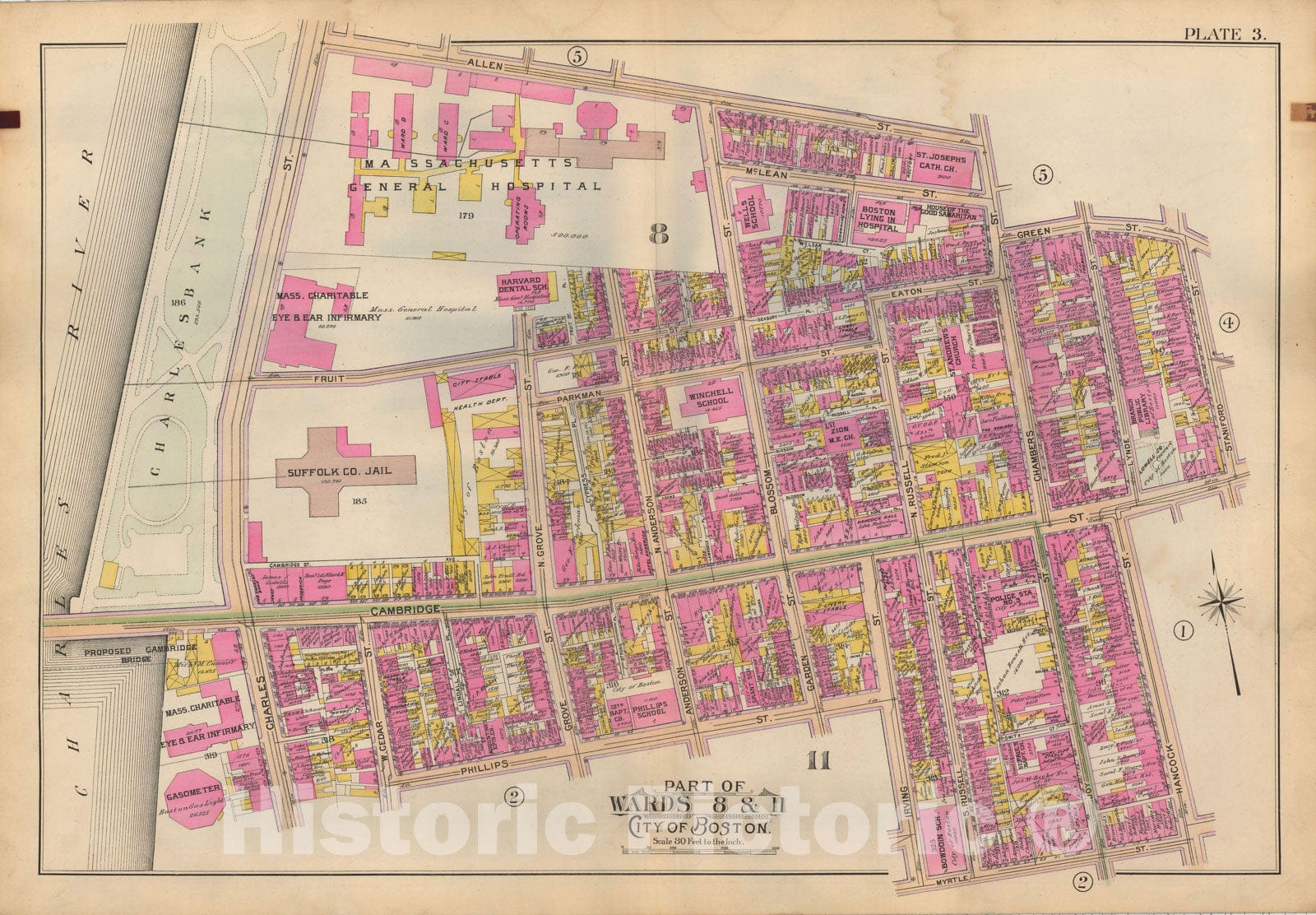 Historic Map : Atlas of Boston Proper, 1898 Plate 003 , Vintage Wall Art