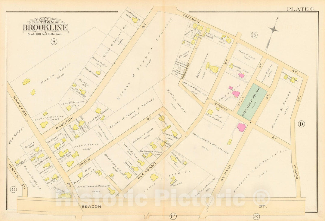 Historic Map : Atlas Town of Brookline, Brookline 1888 Plate C , Vintage Wall Art