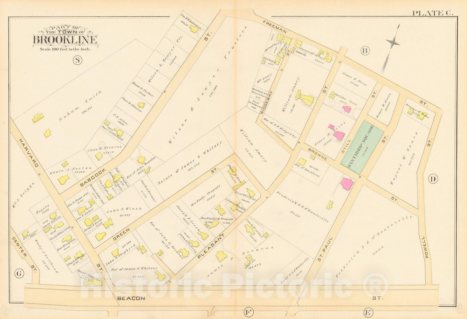 Historic Map : Atlas Town of Brookline, Brookline 1888 Plate C , Vintage Wall Art