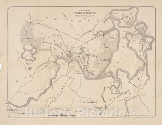 Historic Map : Allston & Boston & Cambridge & Charlestown & Watertown 1700 , Vintage Wall Art
