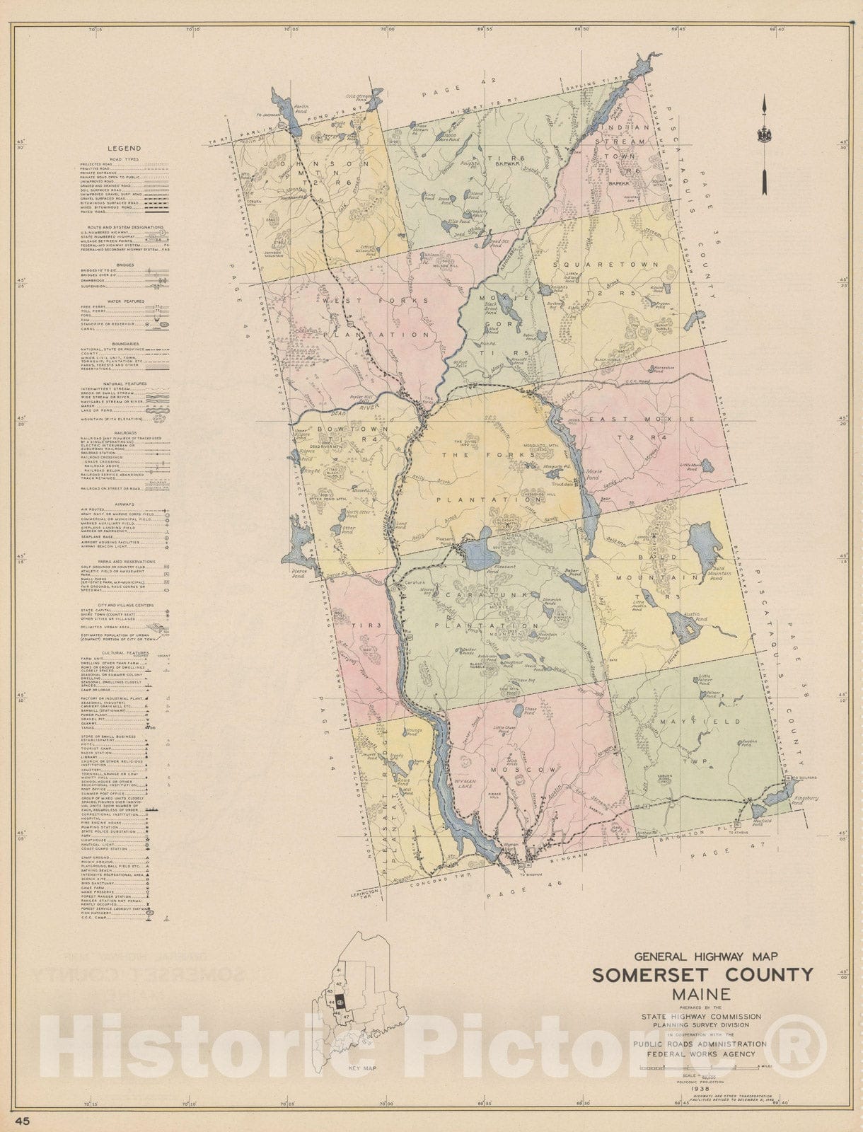 Historic Map : Maine General Highway County Maps, Somerset 1938 Plate 045 , Vintage Wall Art