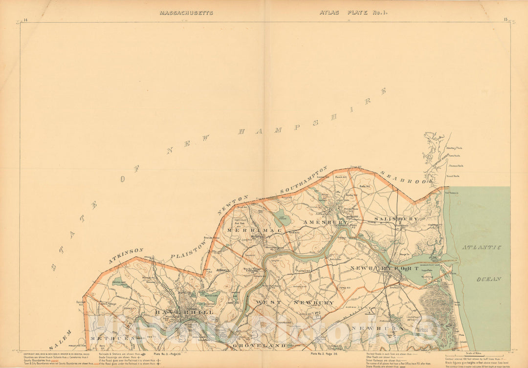 Historic Map : Atlas of Massachusetts, Northern Essex County 1904 , Vintage Wall Art
