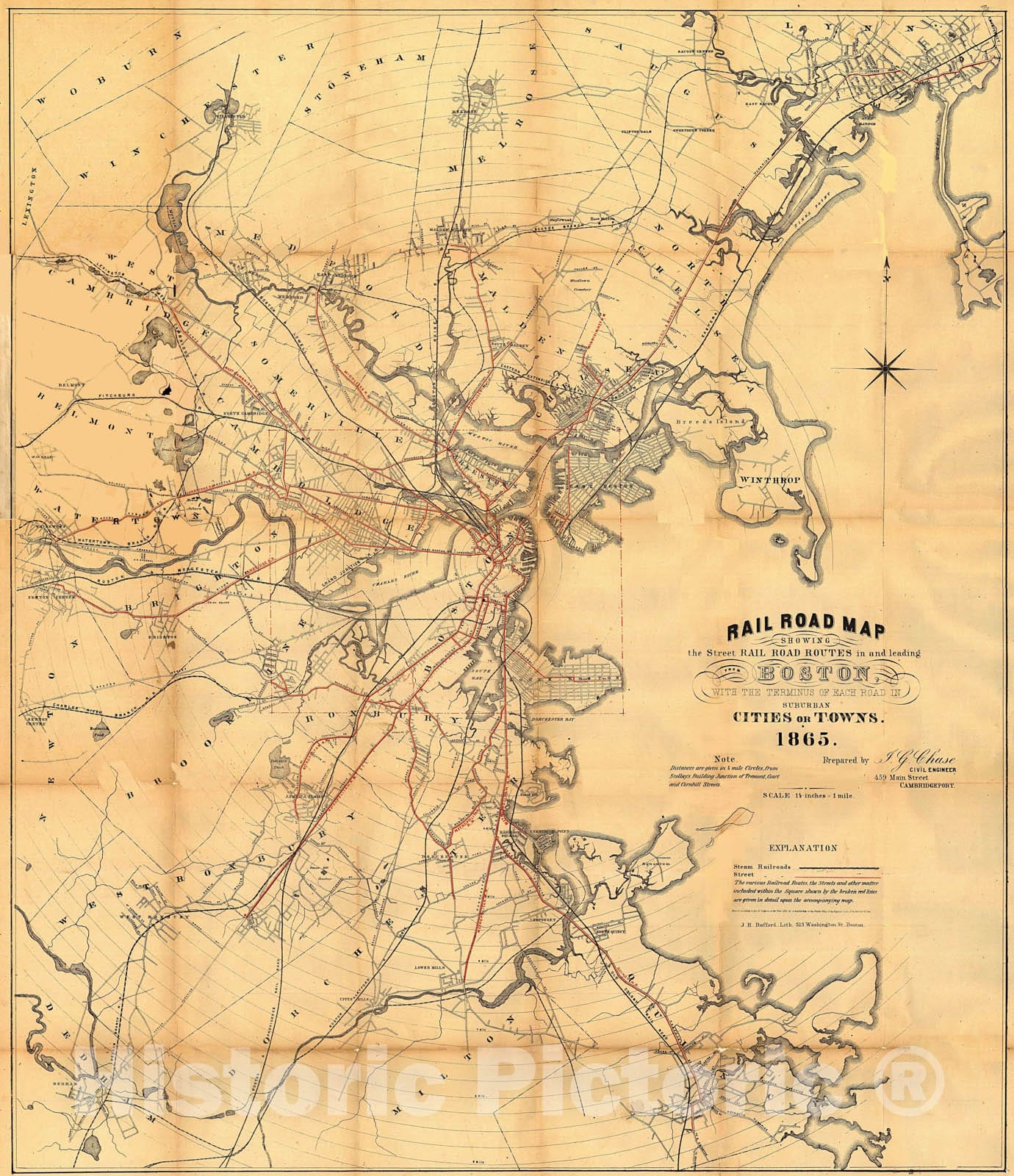 Historic Map : Boston Rail Road Map 1865 , Vintage Wall Art