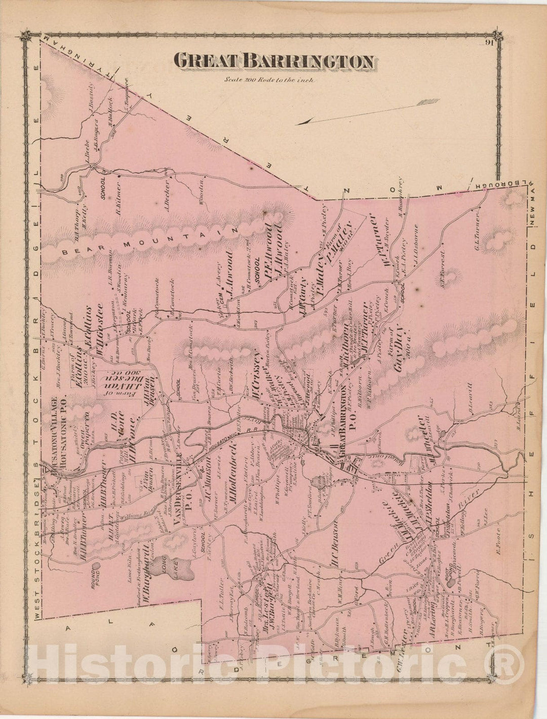 Historic Map : County Atlas of Berkshire County, Great Barrington 1876 , v3, Vintage Wall Art