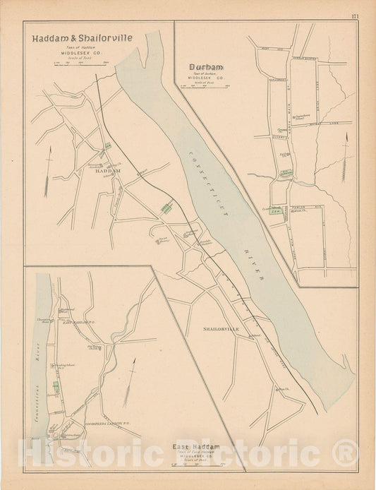 Historic Map : Durham & East Haddam & Haddam 1893 , Town and City Atlas State of Connecticut , Vintage Wall Art