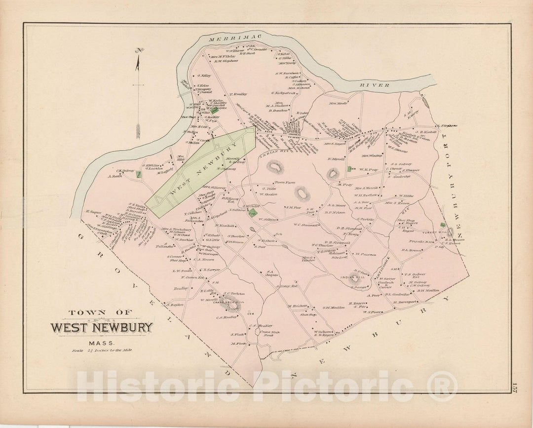 Historic Map : Atlas of Essex County, West Newbury 1884 , Vintage Wall Art