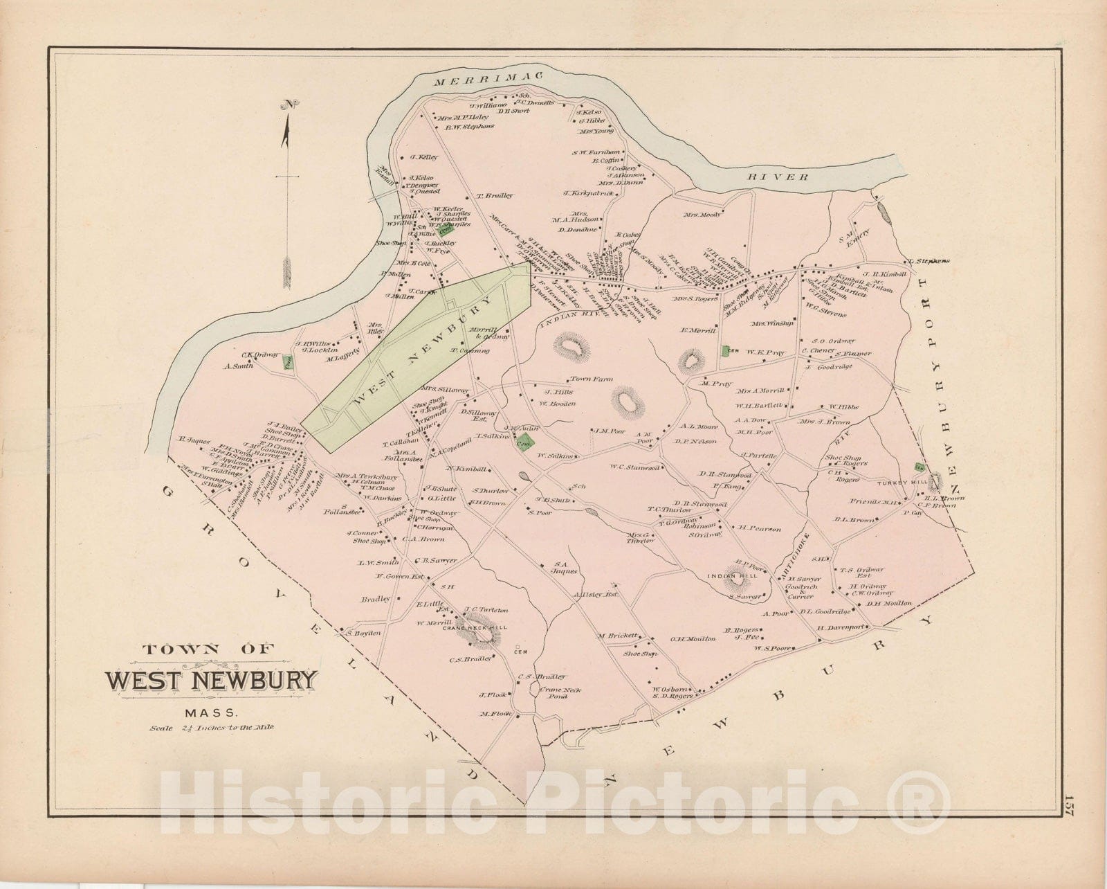 Historic Map : Atlas of Essex County, West Newbury 1884 , Vintage Wall Art