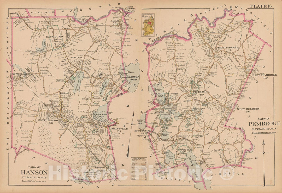 Historic Map : MA, Hanson & Pembroke 1903 Plate 016 , New Topographical Atlas of Surveys of Plymouth County ... , Vintage Wall Art