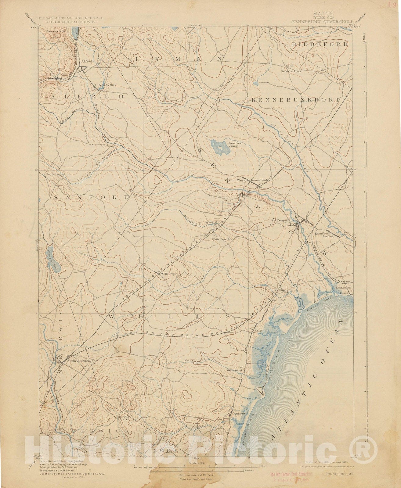 Historic Map : USGS 7.5 Minute Sheets and Quadrangles, Kennebunk 1925 Topographic Map , Vintage Wall Art