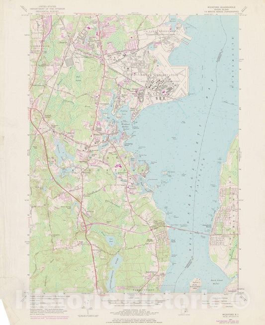 Historic Map : USGS 7.5 Minute Sheets and Quadrangles, North Kingstown & Wickford 1975 Topographic Map , Vintage Wall Art