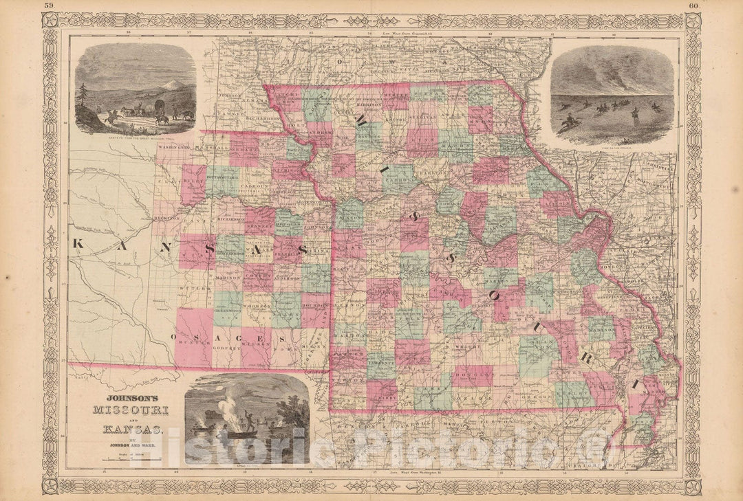 Historic Map : Kansas & Missouri 1865 , Johnson's Family Atlas , Vintage Wall Art
