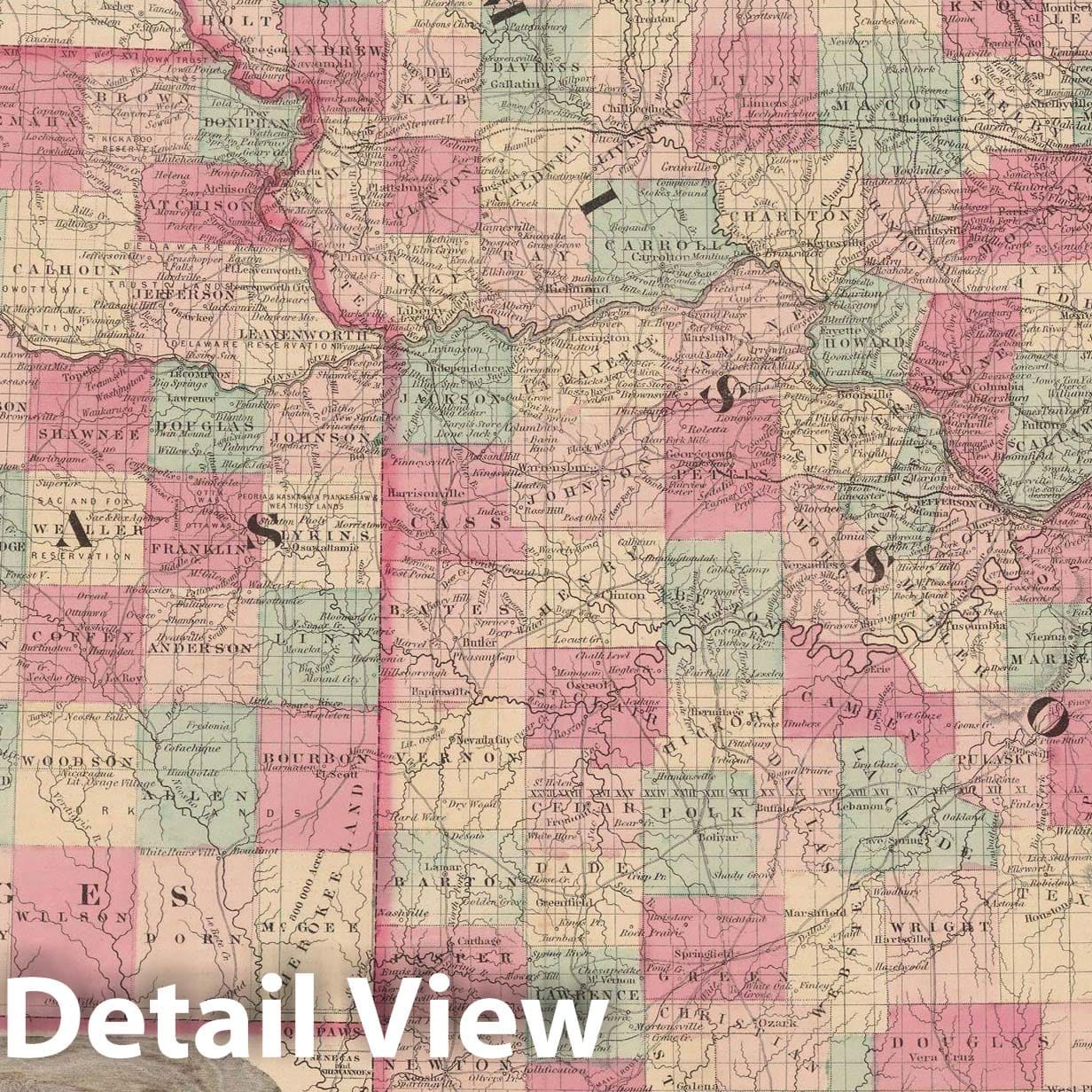 Historic Map : Kansas & Missouri 1865 , Johnson's Family Atlas , Vintage Wall Art