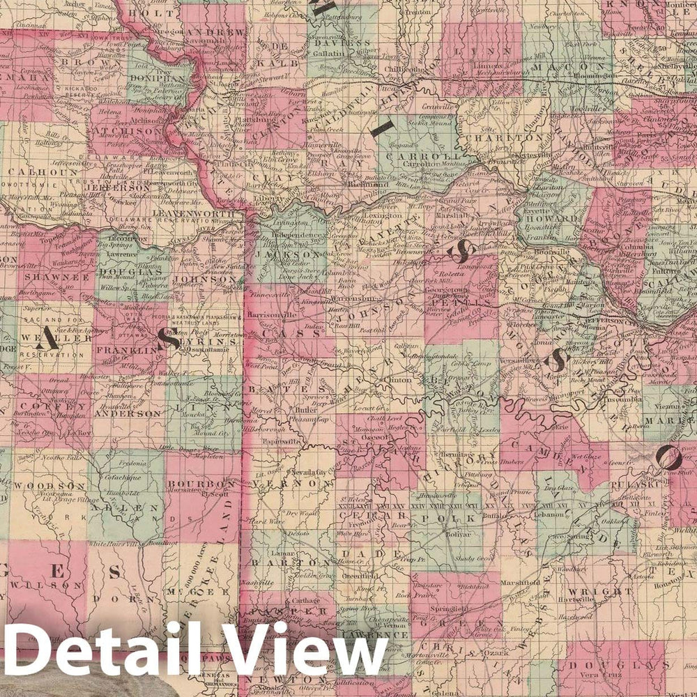 Historic Map : Kansas & Missouri 1865 , Johnson's Family Atlas , Vintage Wall Art