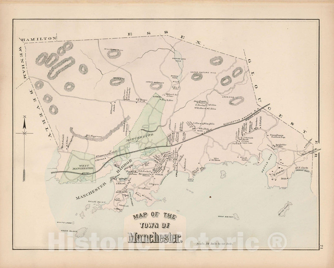 Historic Map : Atlas of Essex County, Manchester & Manchester By The Sea 1884 , v2, Vintage Wall Art