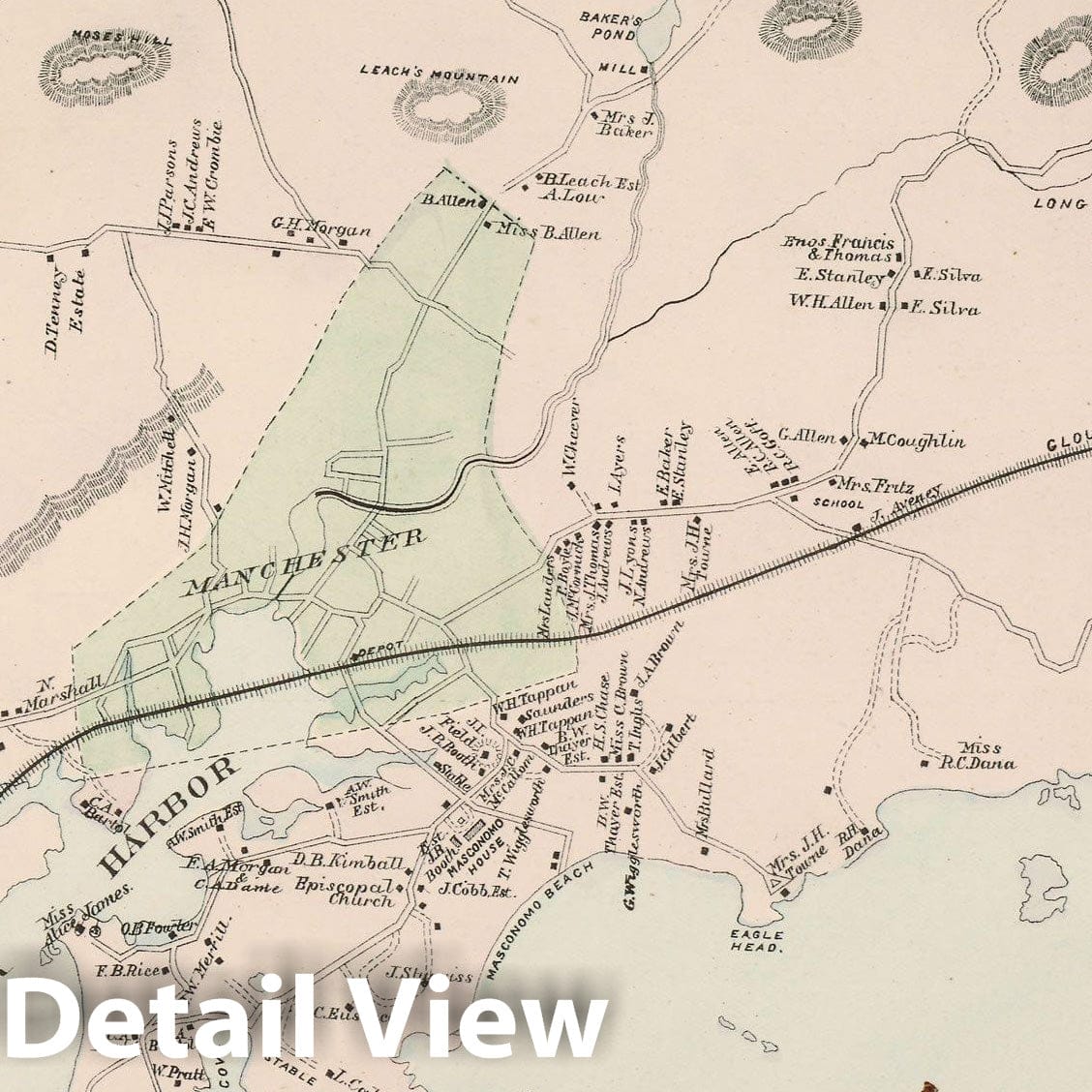 Historic Map : Atlas of Essex County, Manchester & Manchester By The Sea 1884 , v2, Vintage Wall Art