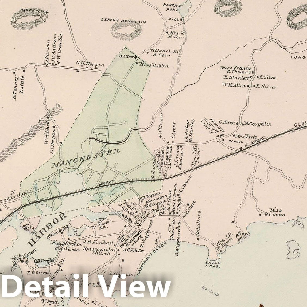 Historic Map : Atlas of Essex County, Manchester & Manchester By The Sea 1884 , v2, Vintage Wall Art