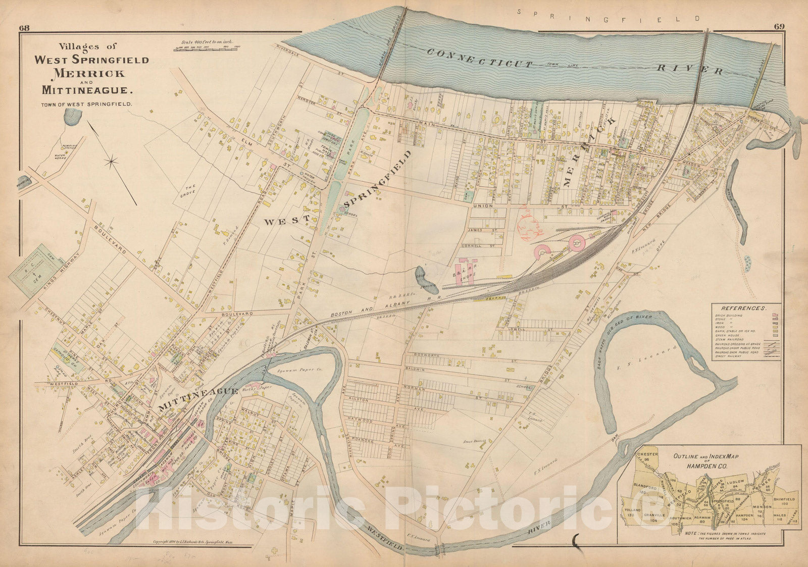 Historic Map : Atlas of Hampden County, Massachusetts, West Springfield 1894 , v2, Vintage Wall Art