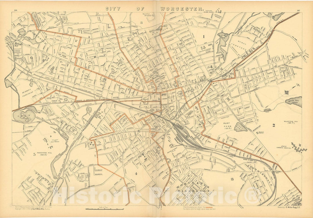 Historic Map : Atlas of Massachusetts, Worcester 1904 , Vintage Wall Art