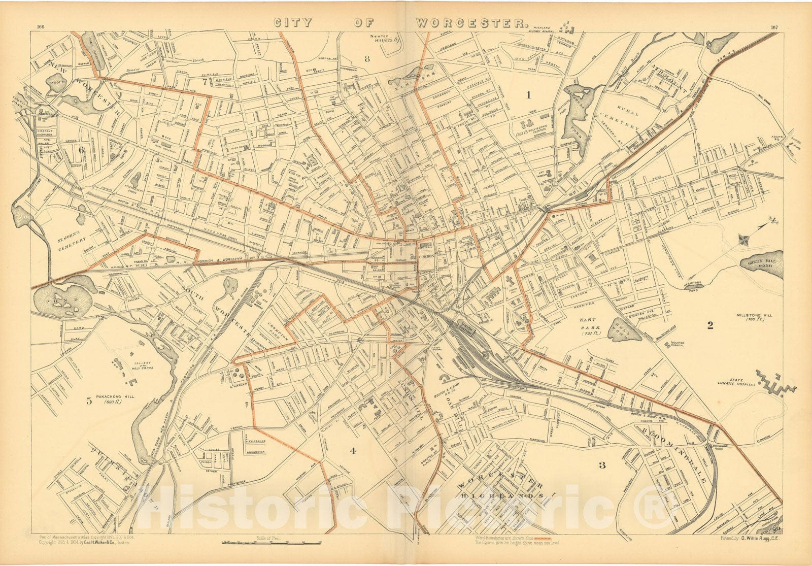 Historic Map : Atlas of Massachusetts, Worcester 1904 , Vintage Wall Art