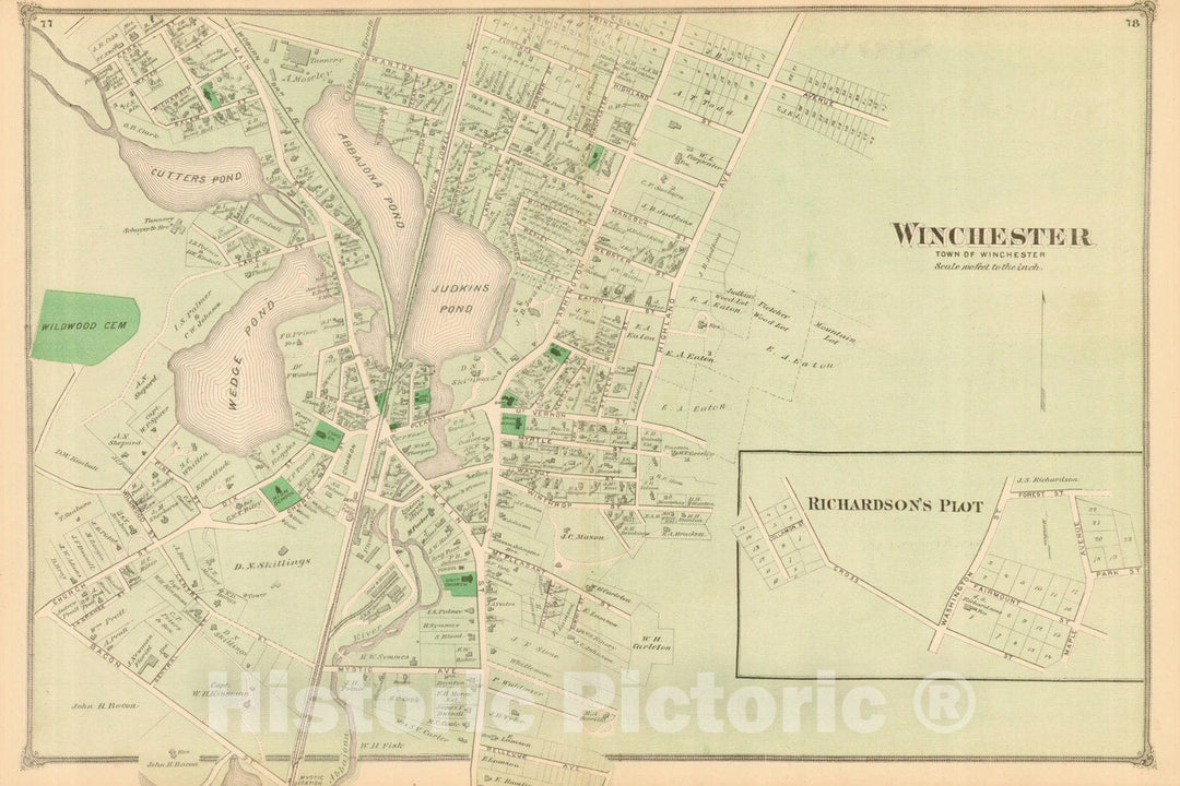 Historic Map : County Atlas of Middlesex Massachusetts, Winchester 1875 , Vintage Wall Art