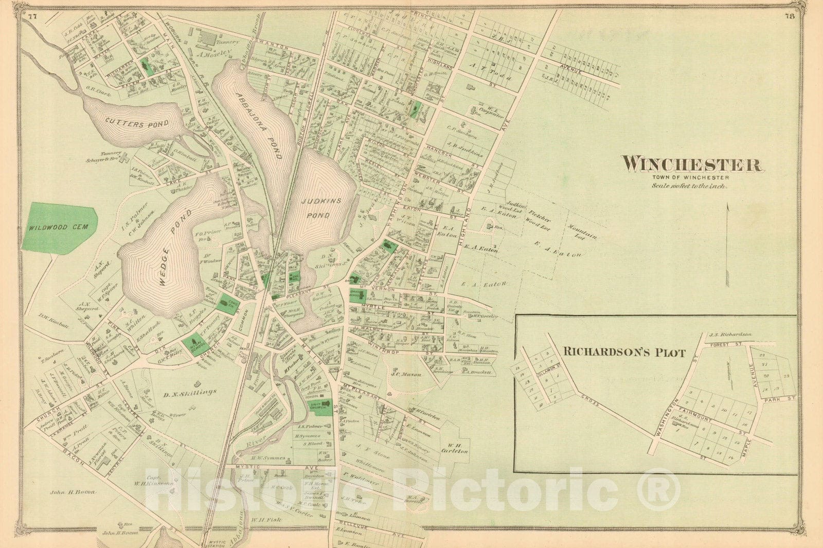 Historic Map : County Atlas of Middlesex Massachusetts, Winchester 1875 , Vintage Wall Art