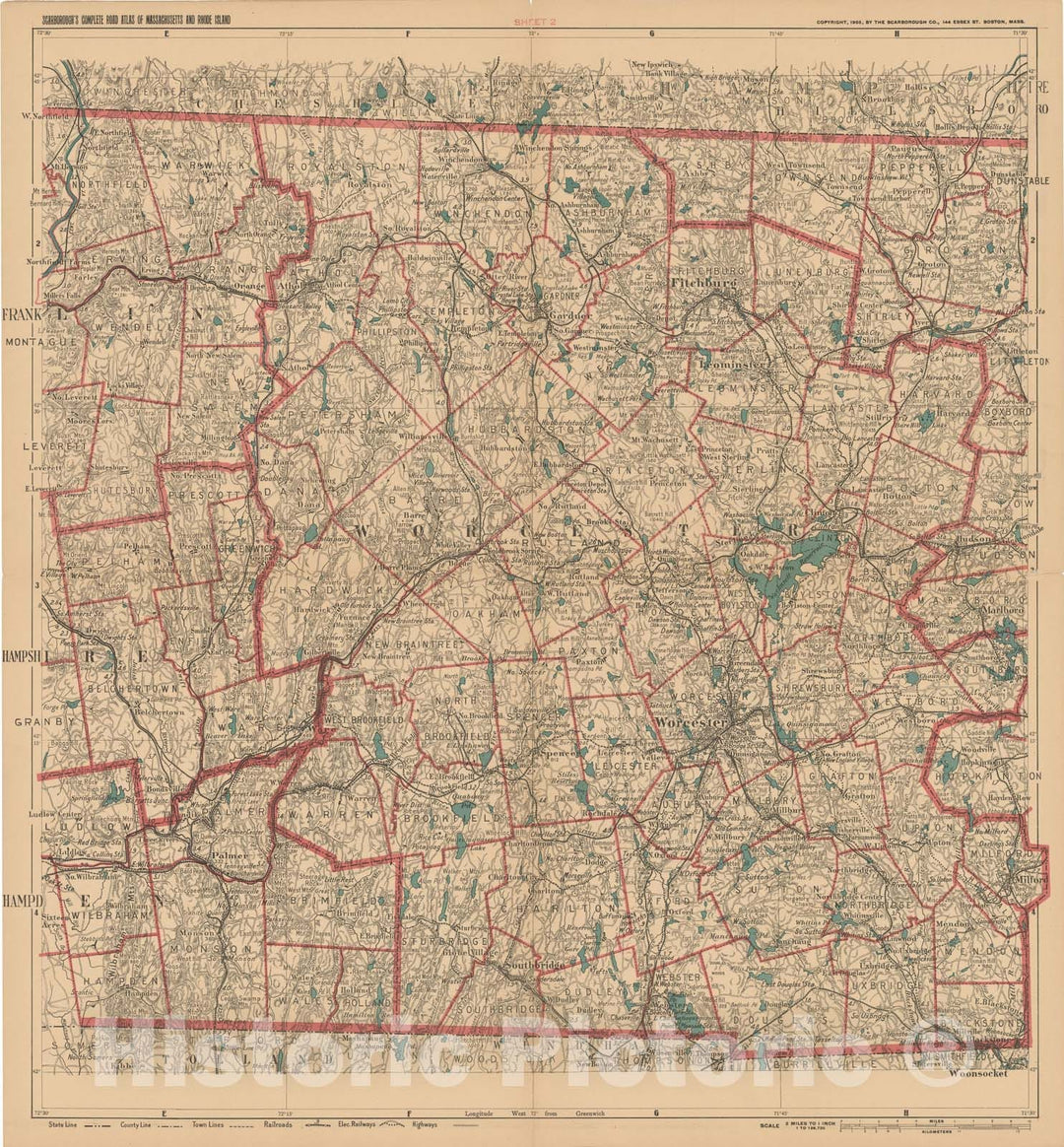 Historic Map : Complete Road Atlas of Massachusetts and Rhode Island, Central Massachusetts 1905 , Vintage Wall Art