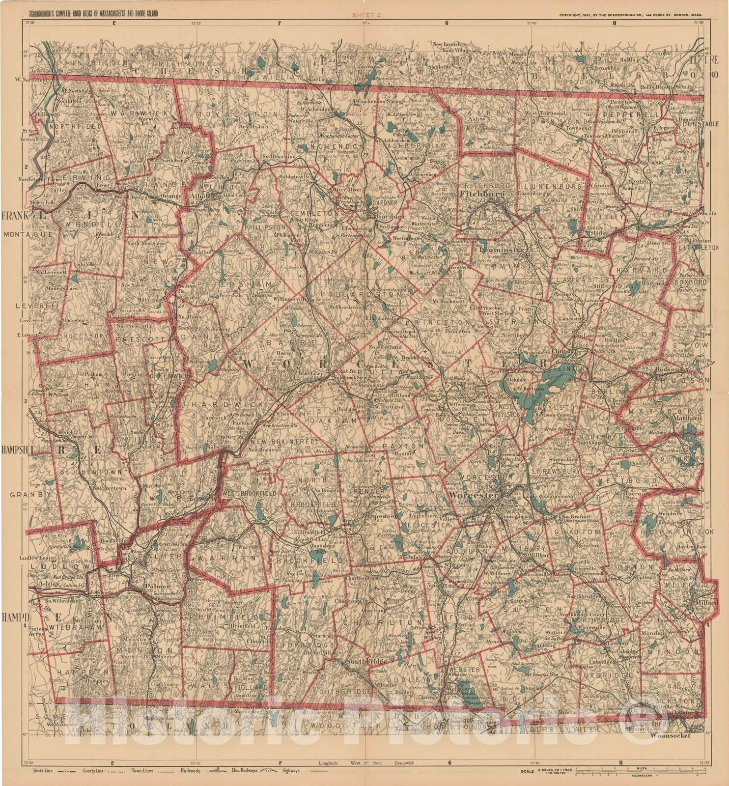 Historic Map : Complete Road Atlas of Massachusetts and Rhode Island, Central Massachusetts 1905 , Vintage Wall Art