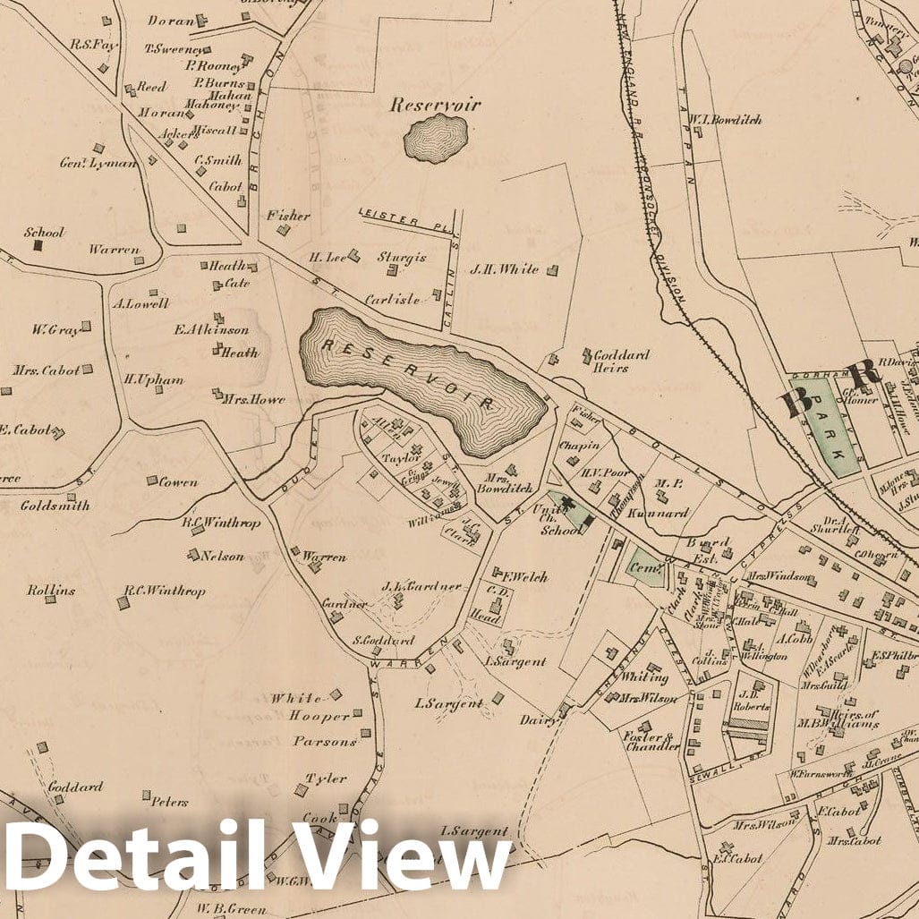 Historic Map : Atlas of Norfolk County, Brookline 1876 , Vintage Wall Art