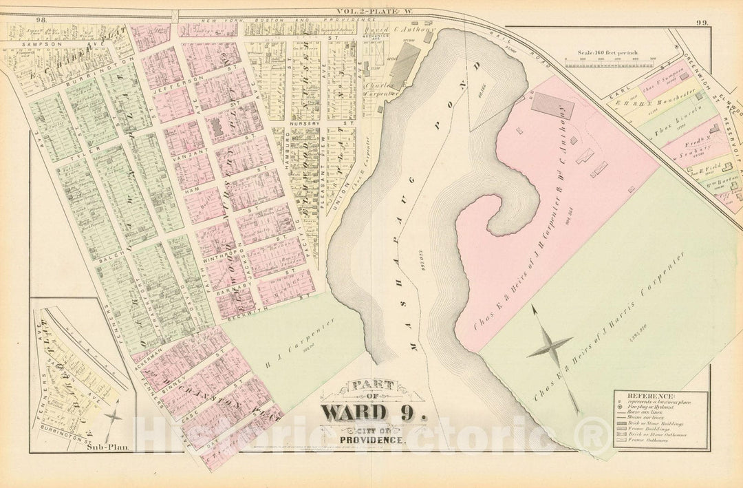 Historic Map : City Atlas of Providence Rhode Island by Wards, Volume II, Providence 1875 Plate W , Vintage Wall Art