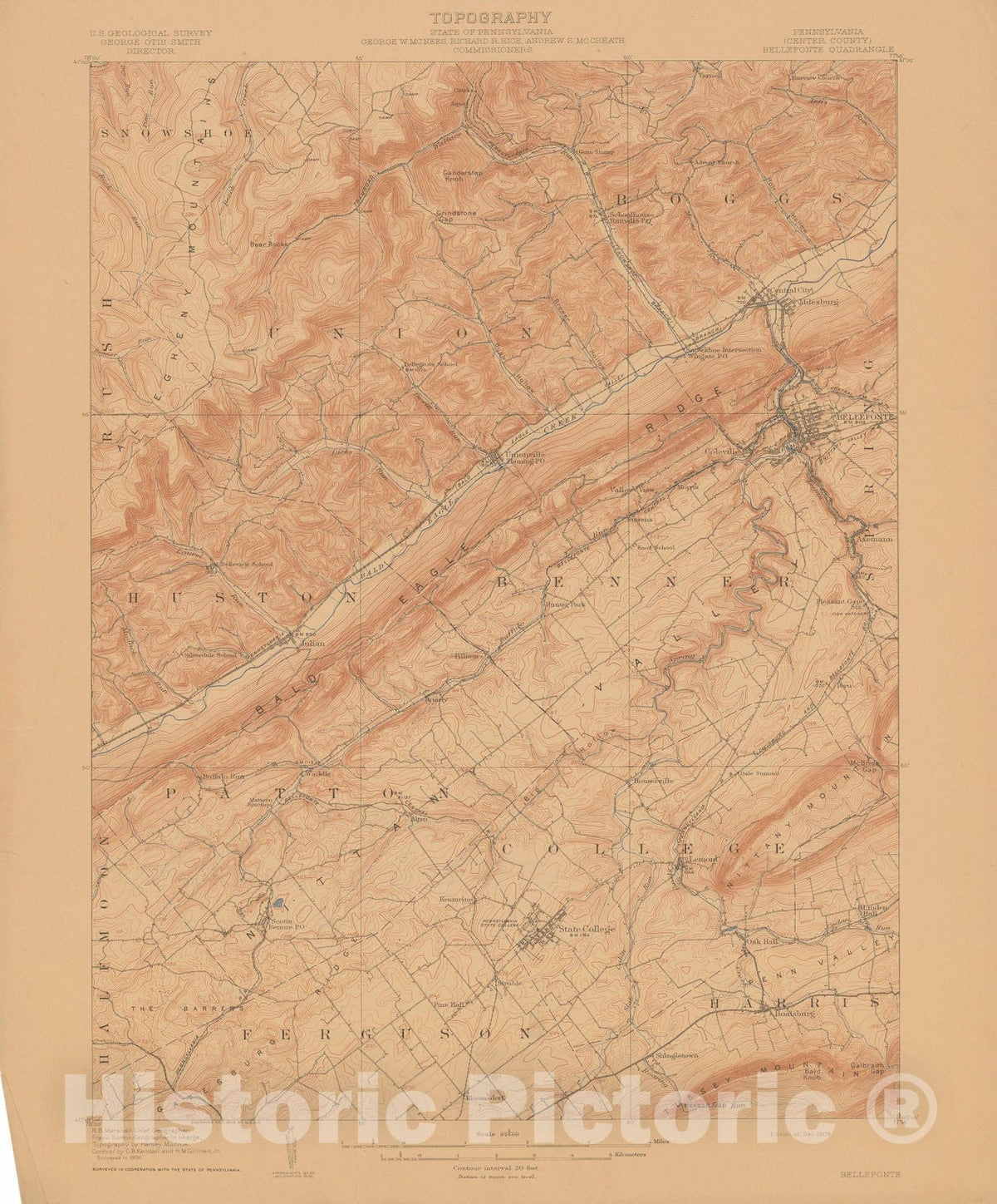 Historic Map : USGS 7.5 Minute Sheets and Quadrangles, Bellefonte & Benner & Huston 1909 Topographic Map , Vintage Wall Art