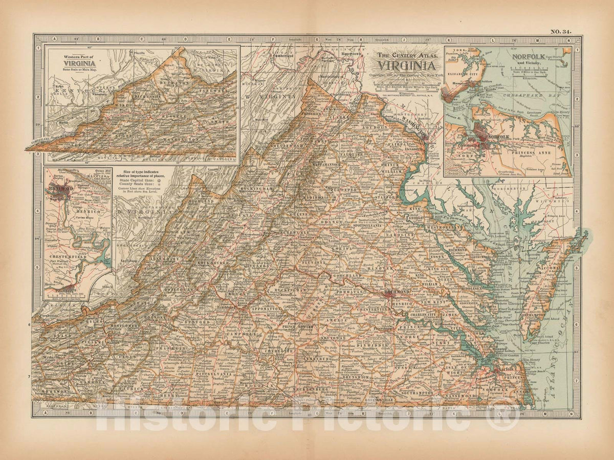 Historic Map : Virginia 1897 , The Century Atlas World , Vintage Wall Art