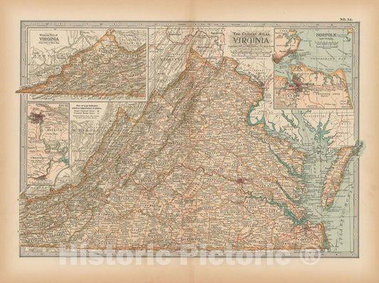 Historic Map : Virginia 1897 , The Century Atlas World , Vintage Wall Art