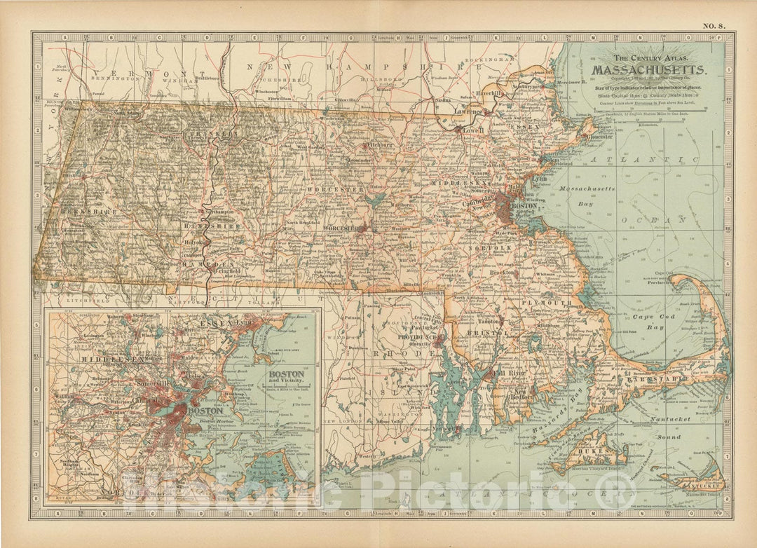 Historic Map : Massachusetts 1914 , Century Atlas of the World, v2, Vintage Wall Art