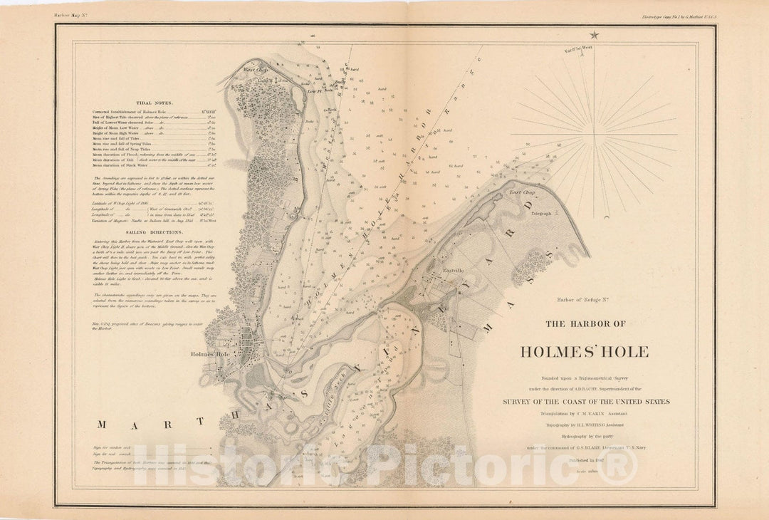 Historic Map : Martha's Vineyard & Vineyard Haven 1847 Topographic Map , Vintage Wall Art