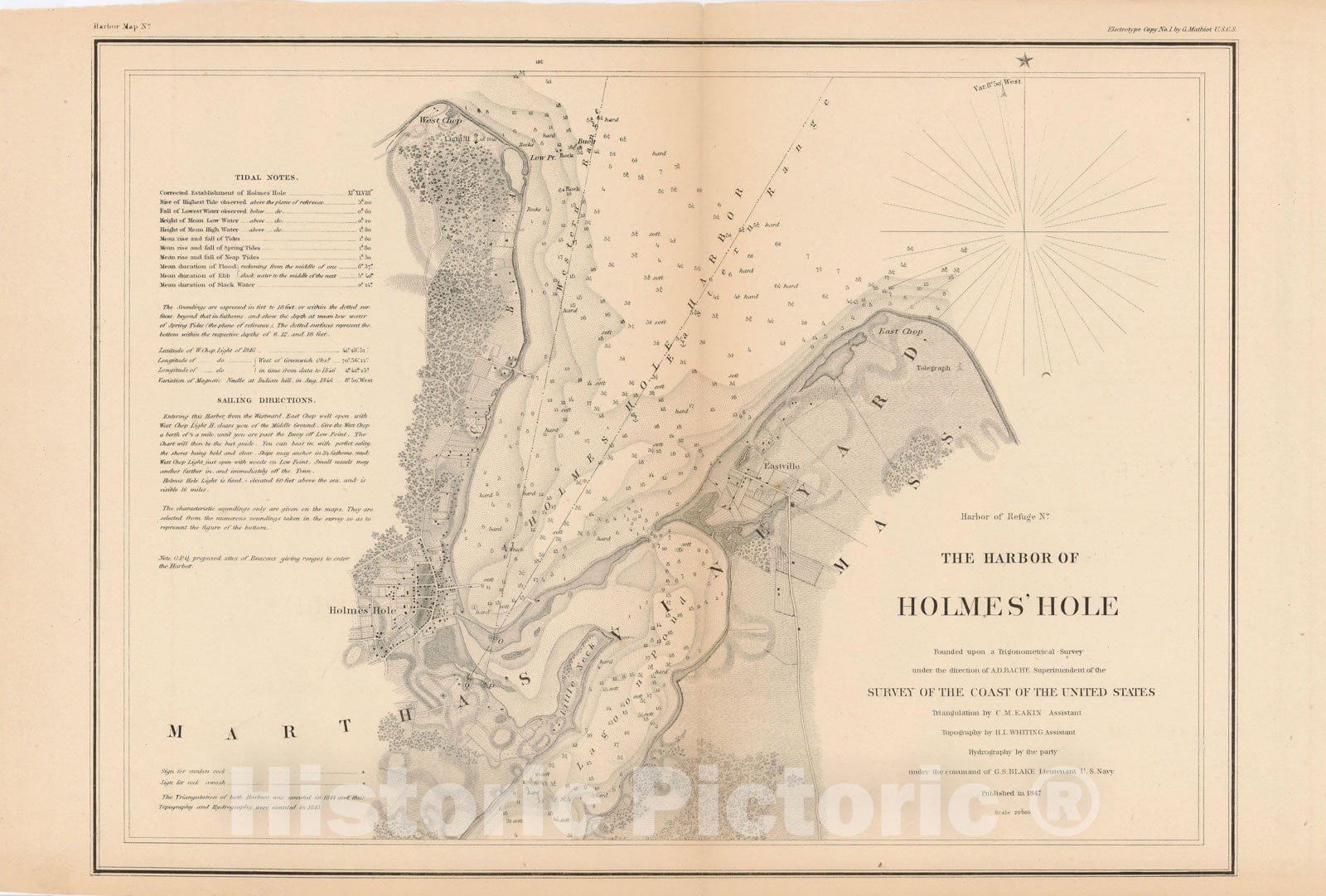 Historic Map : Martha's Vineyard & Vineyard Haven 1847 Topographic Map , Vintage Wall Art