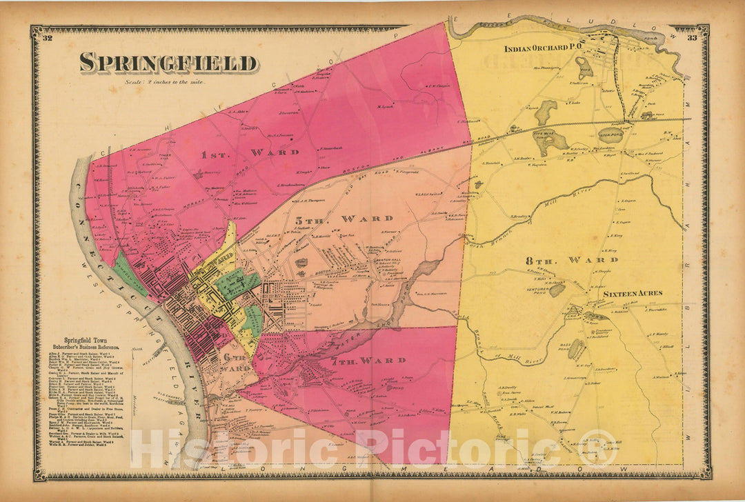 Historic Map : Atlas of Hampden County Massachusetts, Springfield 1870 , v2, Vintage Wall Art