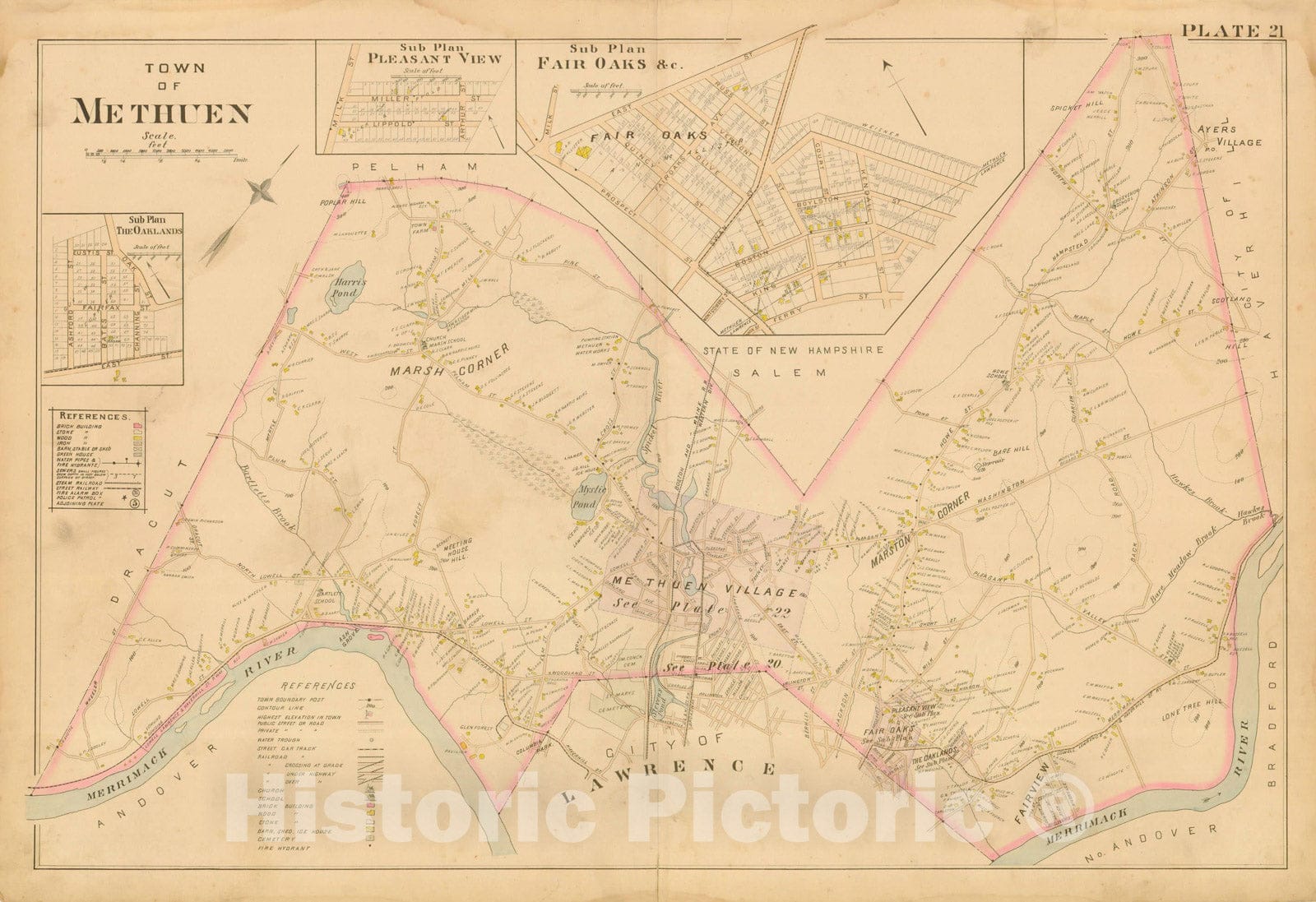 Historic Map : Atlas City of Lawrence and the Towns of Methuen, Andover and North Andover, Methuen 1896 Plate 021 , Vintage Wall Art