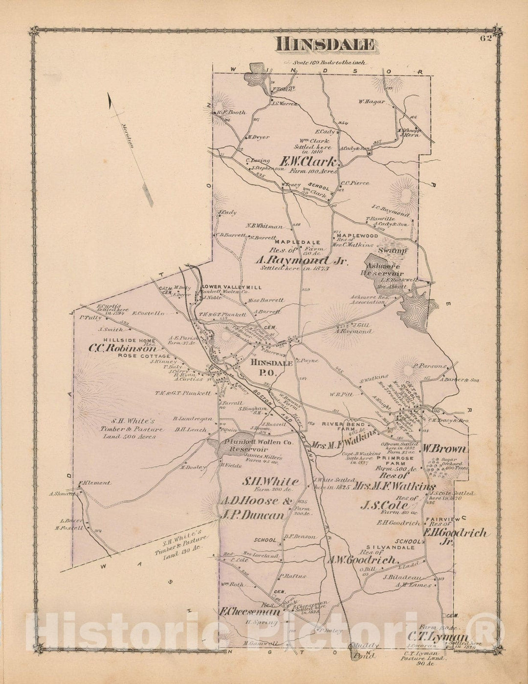 Historic Map : County Atlas of Berkshire County, Hinsdale 1876 , Vintage Wall Art