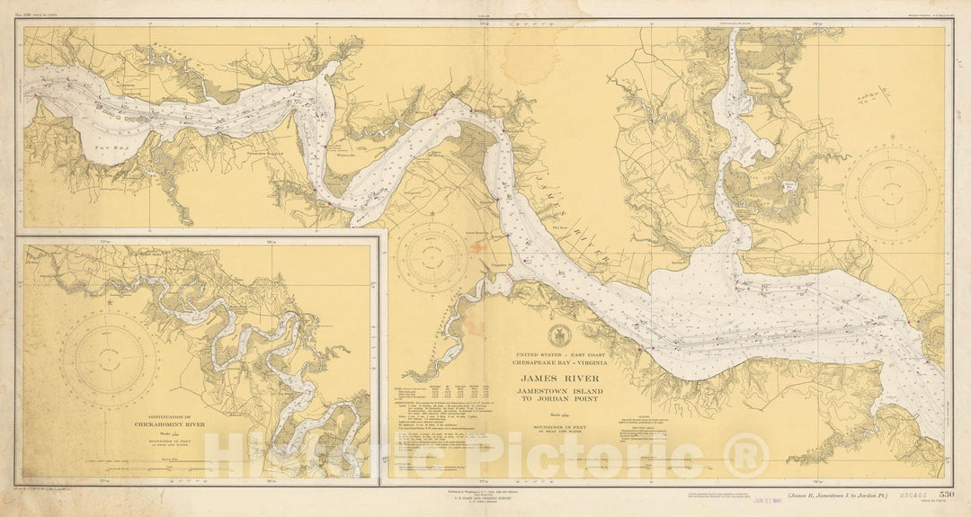 Historic Map : Coastal Charts - Virginia: James R - Jamestown Is. to Jordan Pt 1949 , Vintage Wall Art