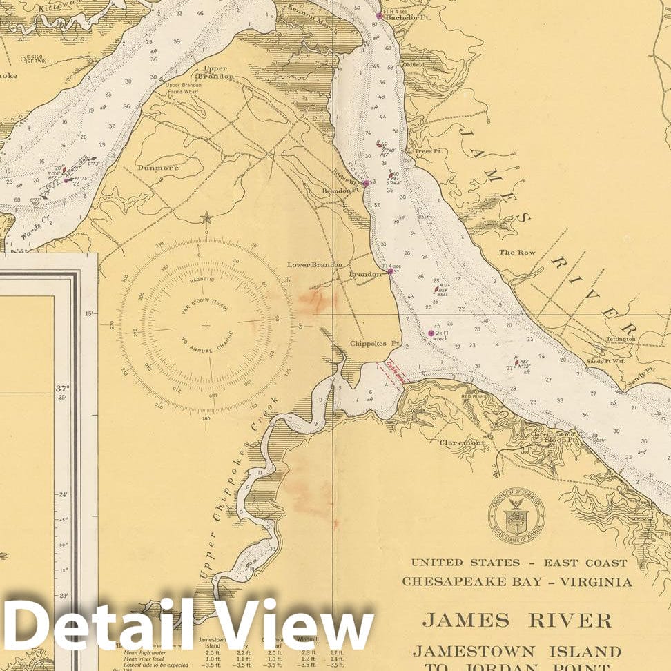 Historic Map : Coastal Charts - Virginia: James R - Jamestown Is. to Jordan Pt 1949 , Vintage Wall Art
