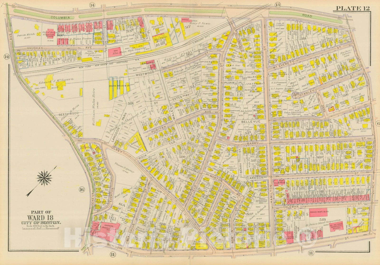 Historic Map : Atlas City of Boston, Dorchester, Dorchester 1918 Plate 012 , Vintage Wall Art