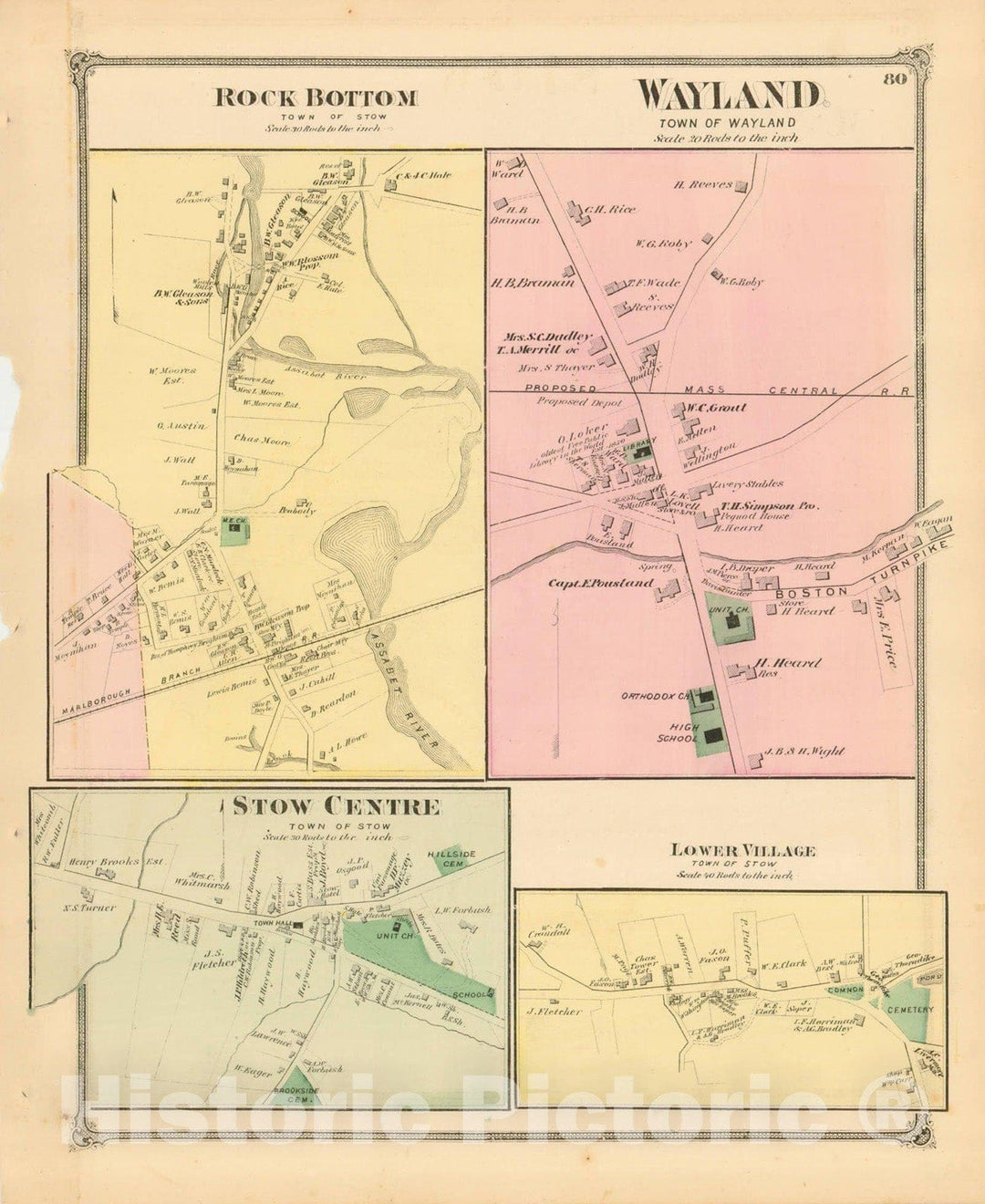 Historic Map : County Atlas of Middlesex Massachusetts, Stow & Wayland 1875 , Vintage Wall Art