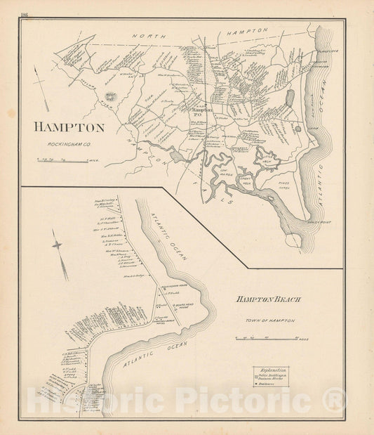 Historic Map : Hampton 1892 , Town and City Atlas State of New Hampshire , Vintage Wall Art