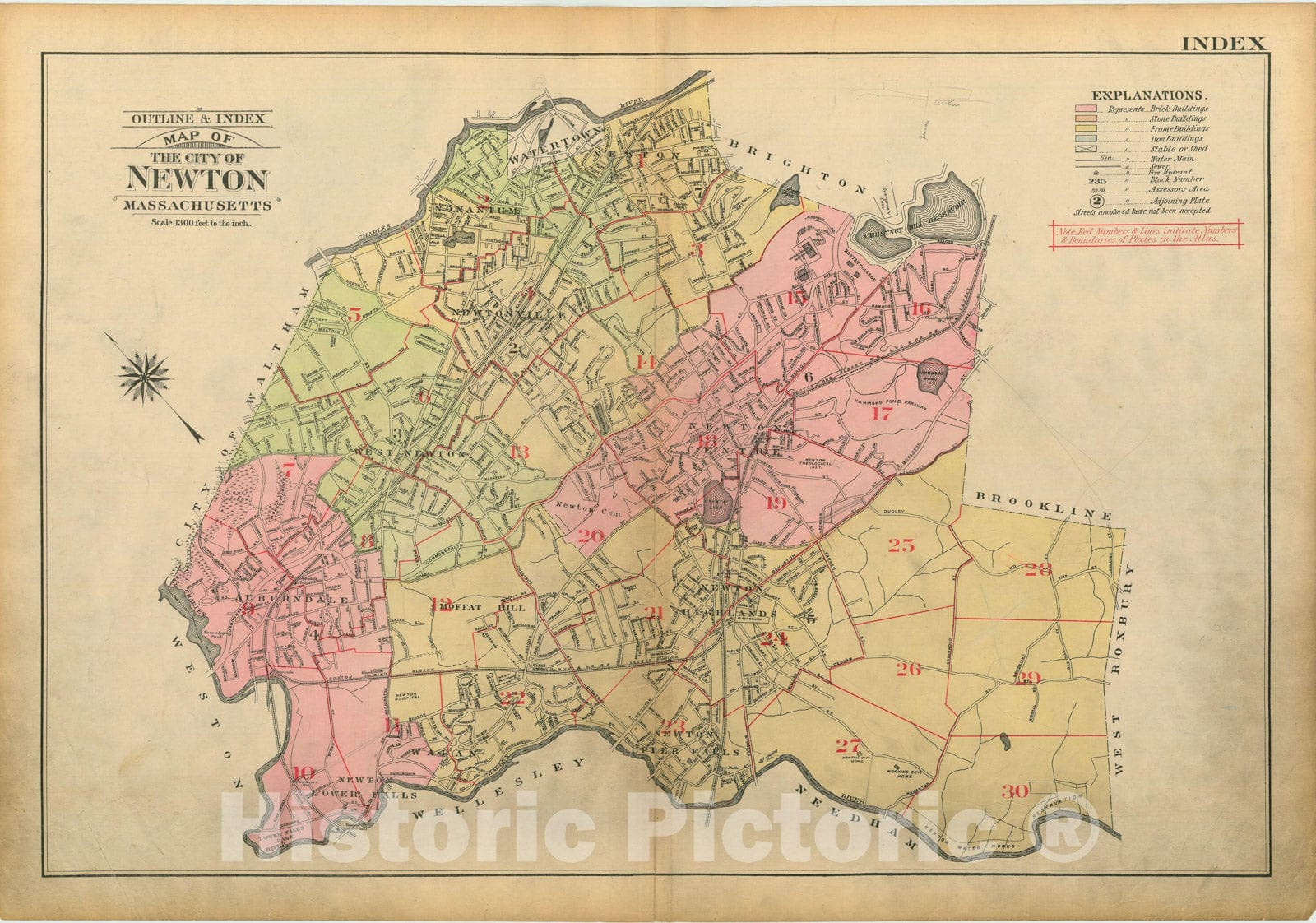 Historic Map : Atlas City of Newton Massachusetts 1917 Index Plate , Vintage Wall Art