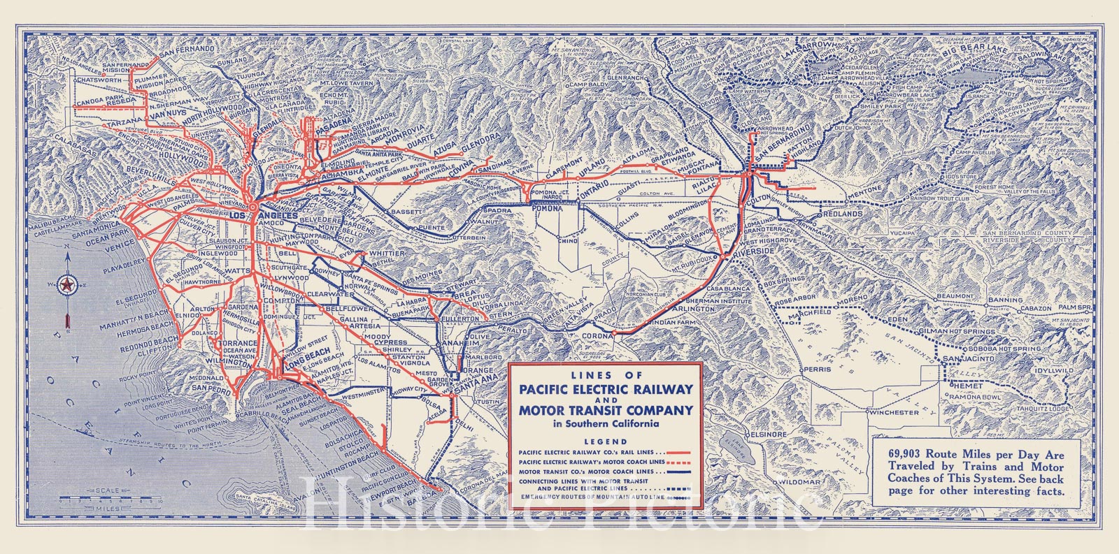 Historic Map : Long Beach, Pacific Electric Railway and Motor Transit Co. 1939 Railroad Catography , Vintage Wall Art