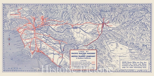 Historic Map : Long Beach, Pacific Electric Railway and Motor Transit Co. 1939 Railroad Catography , Vintage Wall Art